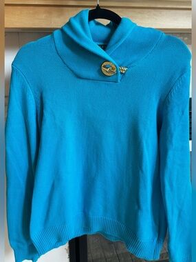 Ralph Lauren Bright Turquoise Sweater with Gold Toggle Button Medium EUC